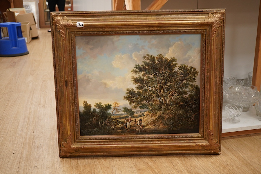 Andre De Moller (b.1942), Landscape with figures beside a stream, signed, inscribed verso, oil on canvas, 49 x 59cm